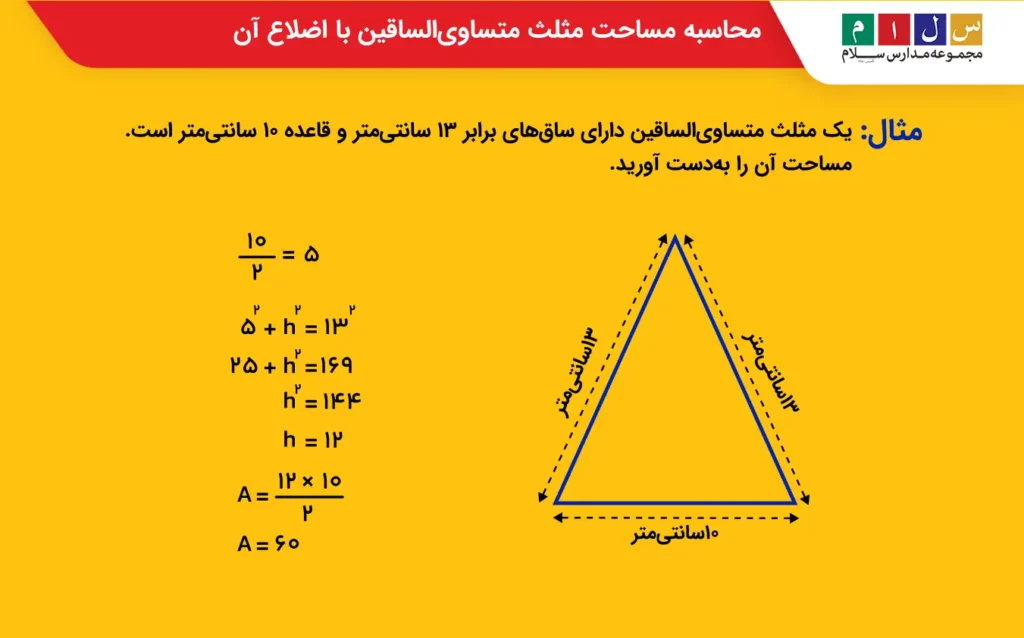 محاسبه مساحت مثلث متساویالساقین با اضلاع آن