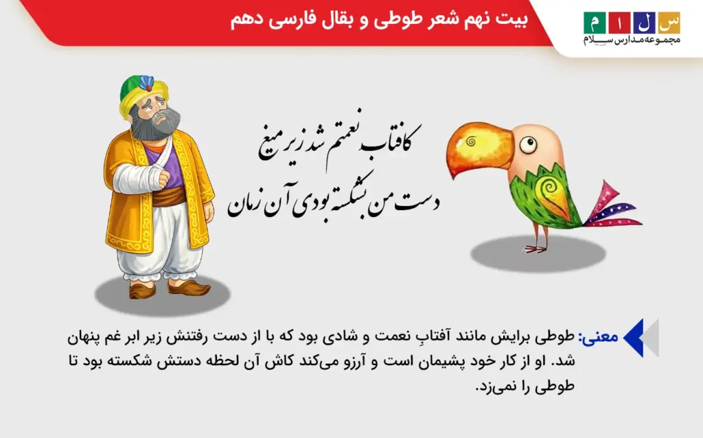 بررسی بیت نهم معنی شعر طوطی و بقال فارسی دهم