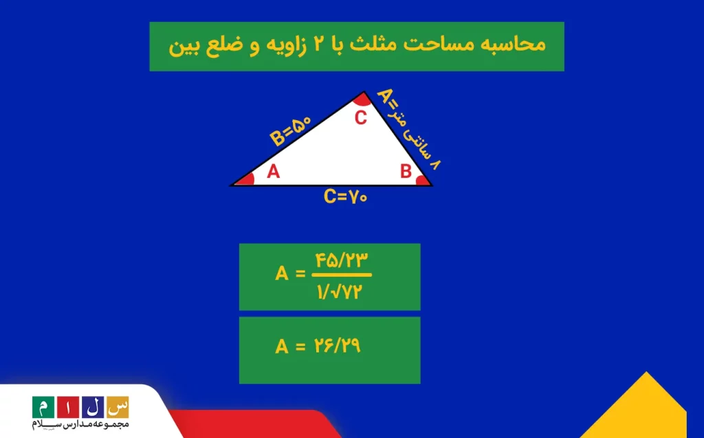 مثال برای محاسبه مساحت مثلث با ۲ زاویه و ضلع بین