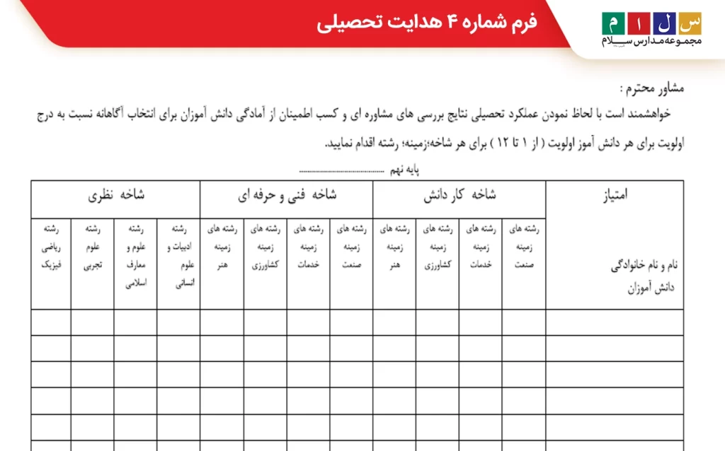  نمونه برگ هدایت تحصیلی شماره ۴