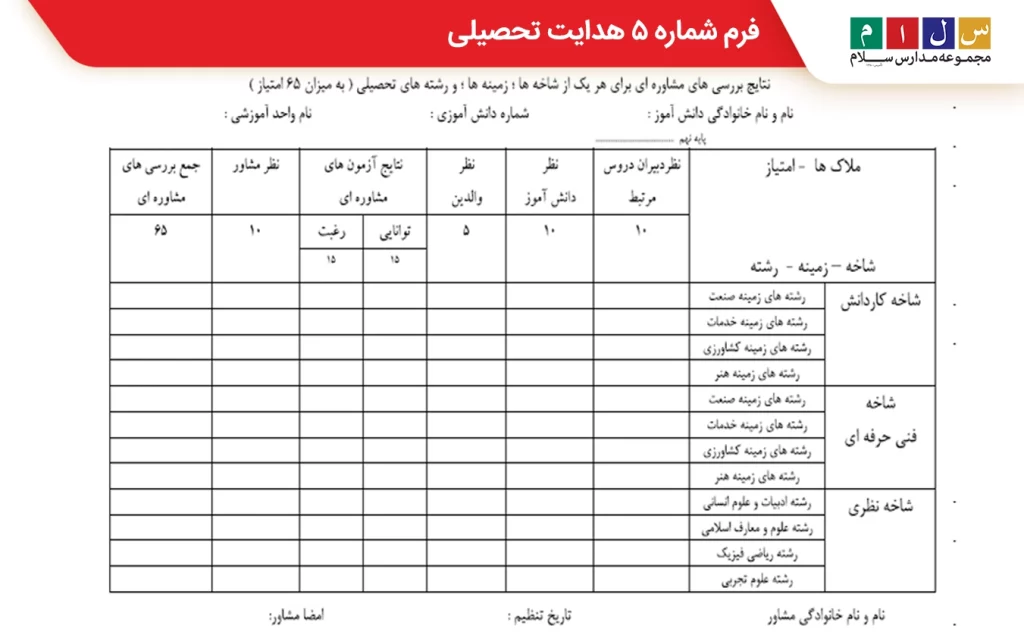 نمون برگ هدایت تحصیلی شماره ۵