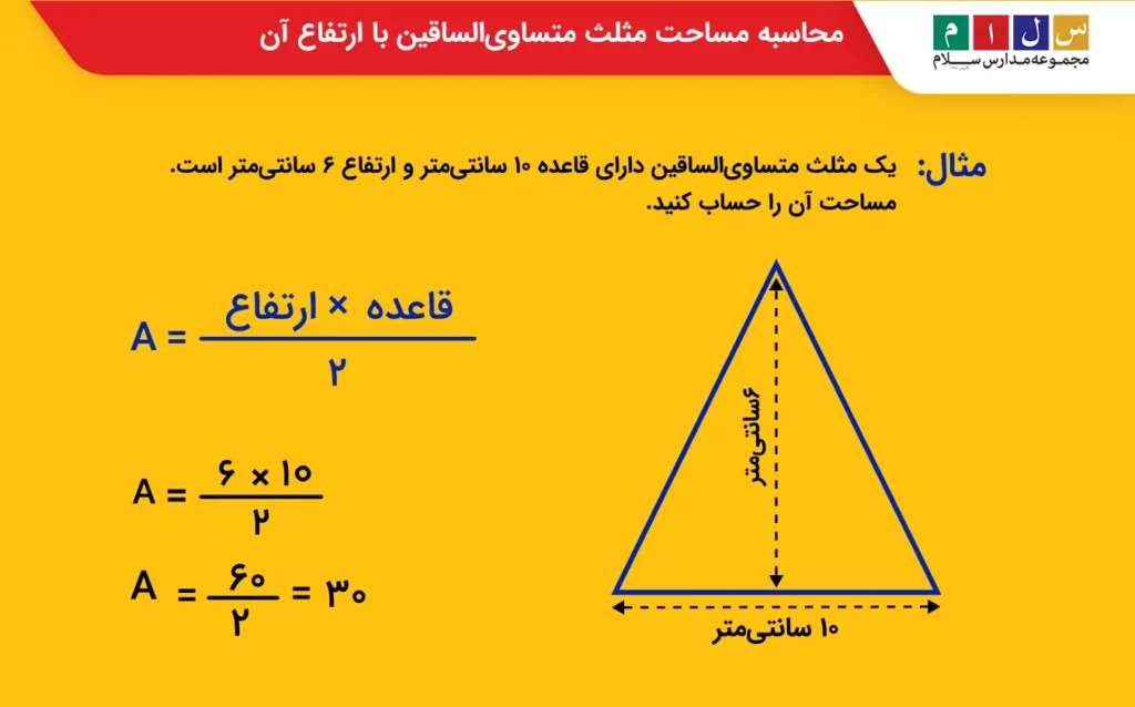 محاسبه مساحت مثلث متساویالساقین با ارتفاع آن