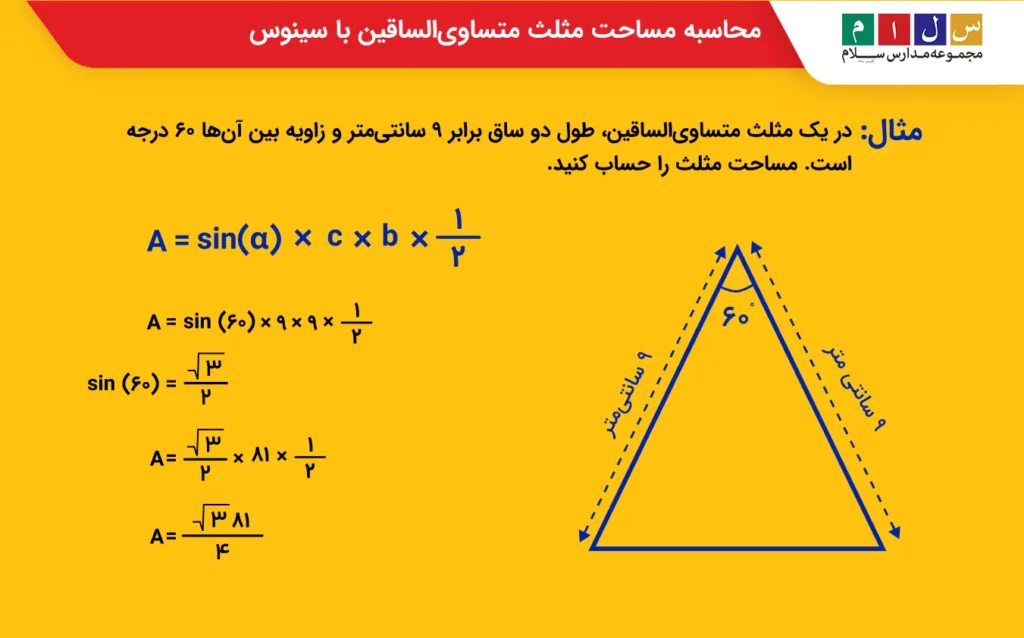 محاسبه مساحت مثلث متساویالساقین با سینوس