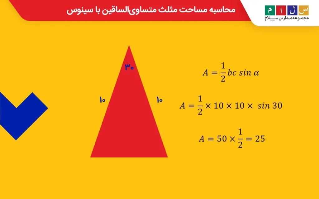 محاسبه مساحت مثلث متساوی‌الساقین با سینوس