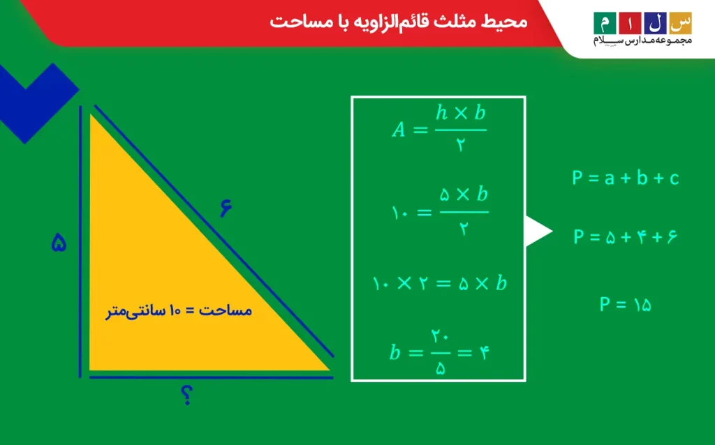  نحوه محاسبه محیط مثلث قائم‌الزاویه با مساحت