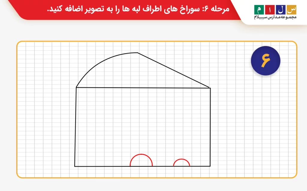 مرحله 6  کشیدن نقاشی پنیر کارتونی سوراخ نیم دایره را به پنیر اضافه کنی. 