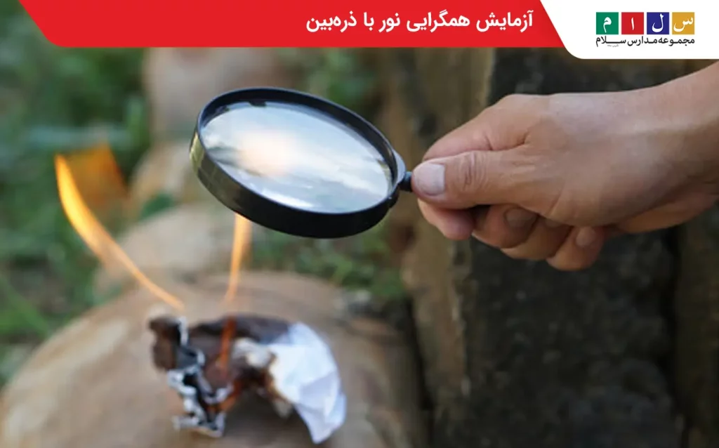 ذره‌بین در حال متمرکز کردن نور خورشید روی کاغذ سفید که باعث سوختن آن شده است.
