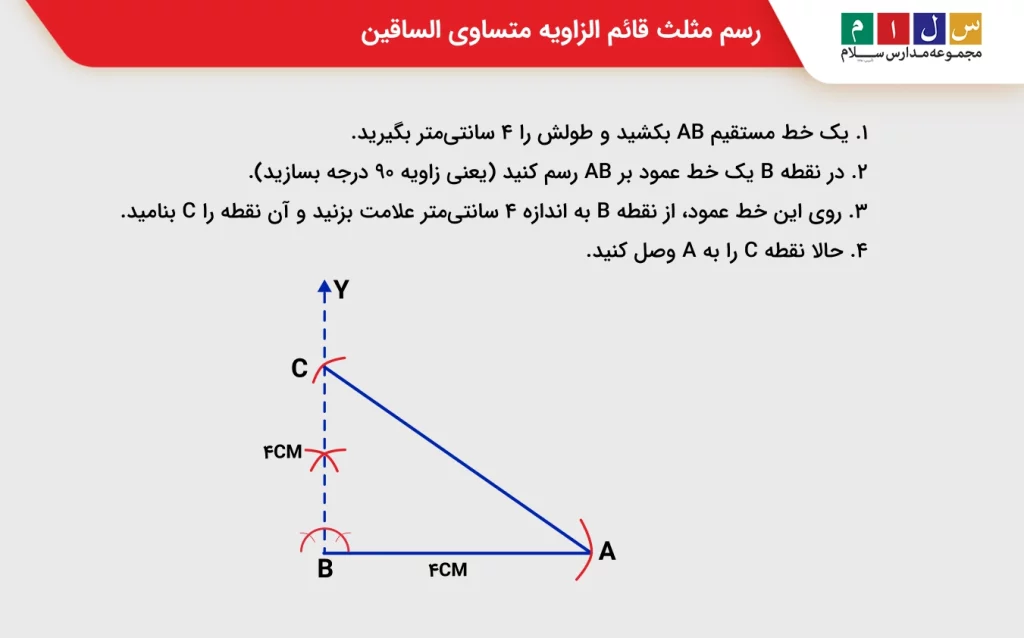 نحوه رسم مثلث قائم الزاویه متساوی الساقین