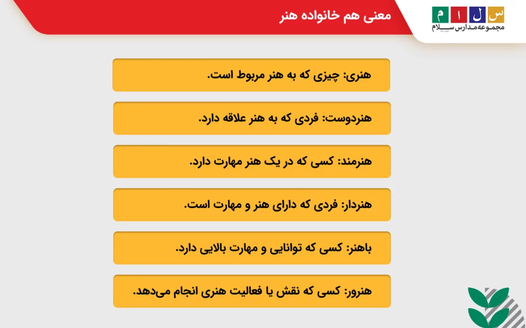 بررسی معنی کلمات هم خانواده هنر