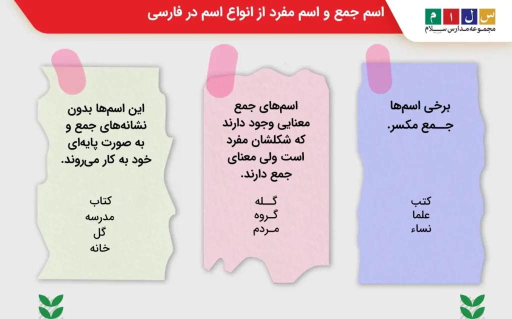 اسم جمع و اسم مفرد از انواع اسم در فارسی