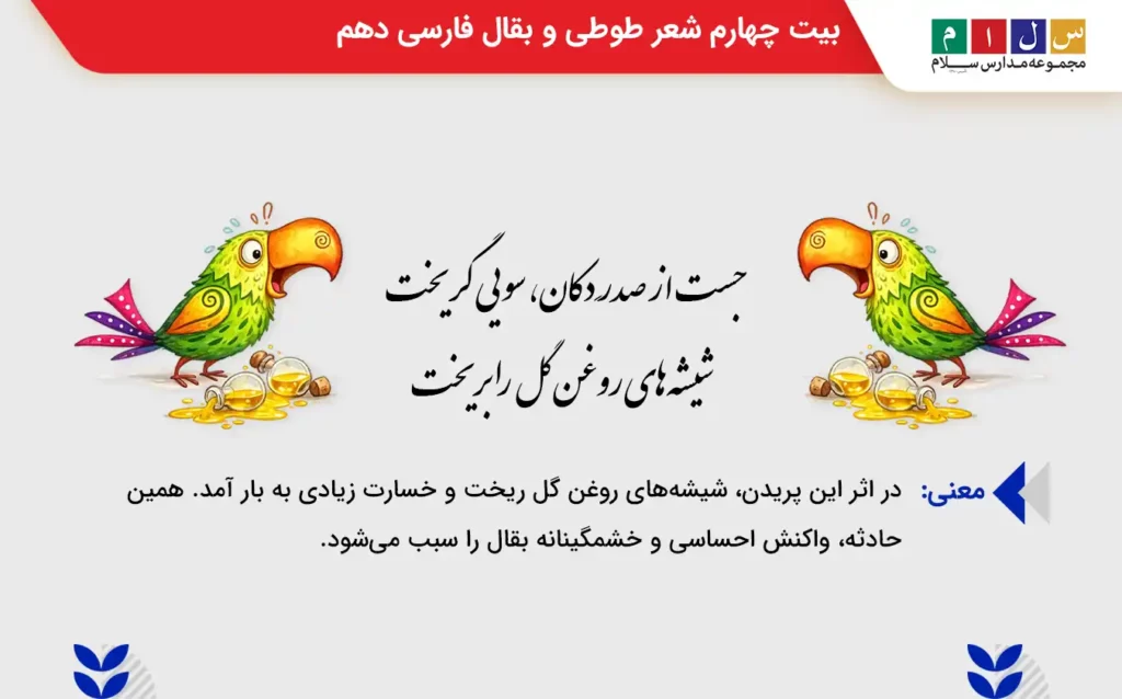 بررسی بیت چهارم شعر طوطی و بقال فارسی دهم