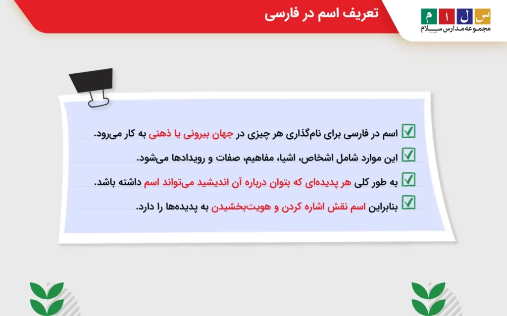 بررسی تعریف اسم در فارسی ششم