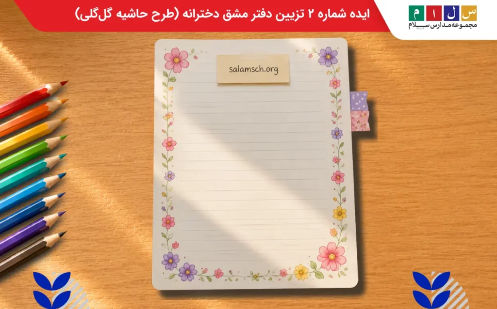ایده شماره ۲ تزیین دفتر مشق دخترانه (طرح حاشیه گلگلی)
