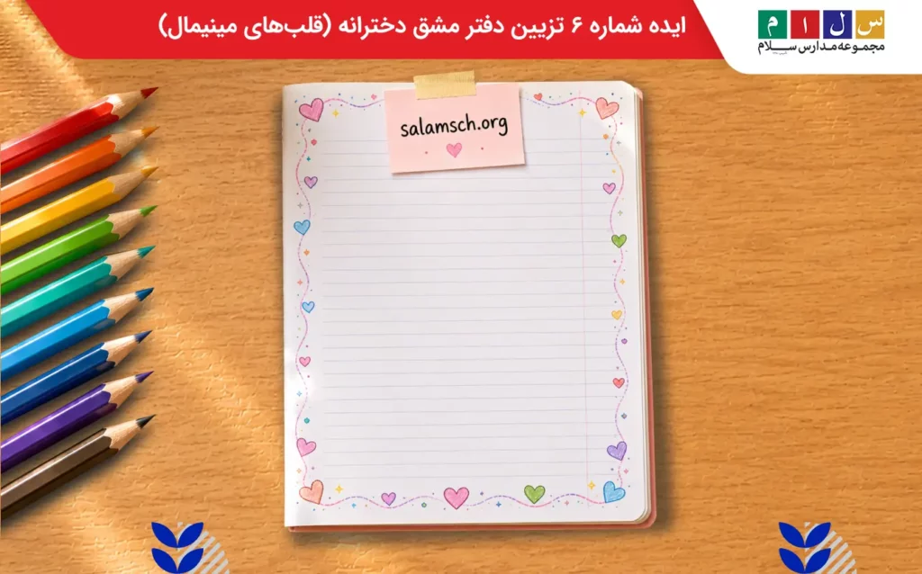ایده شماره ۶ تزیین دفتر مشق دخترانه (قلبهای مینیمال)