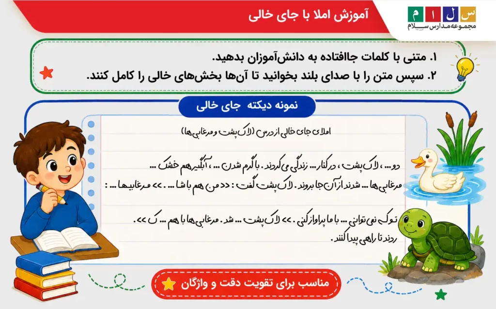 املا با جای خالی یکی از انواع املا خلاقانه کلاس اول