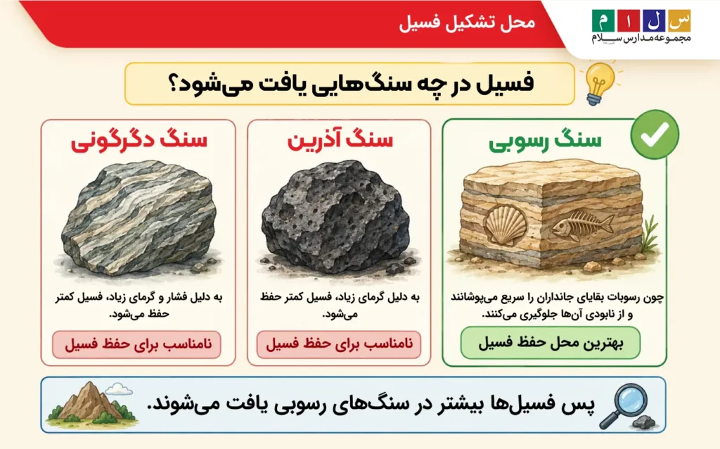 فسیل بیشتر در چه سنگی تشکیل میشود؟