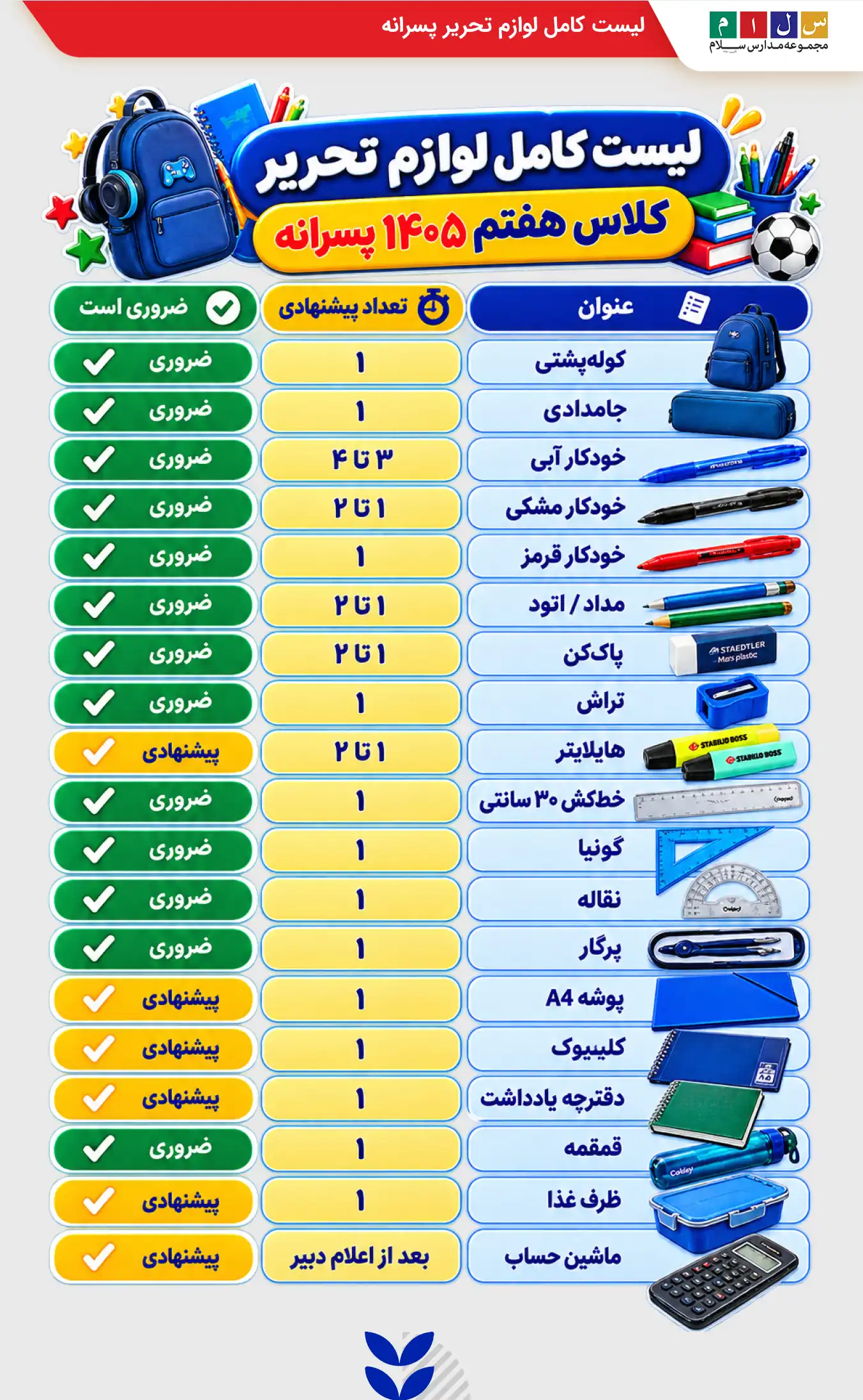 عکس لیست لوازم تحریر کلاس هفتم پسرانه ۱۴۰۵