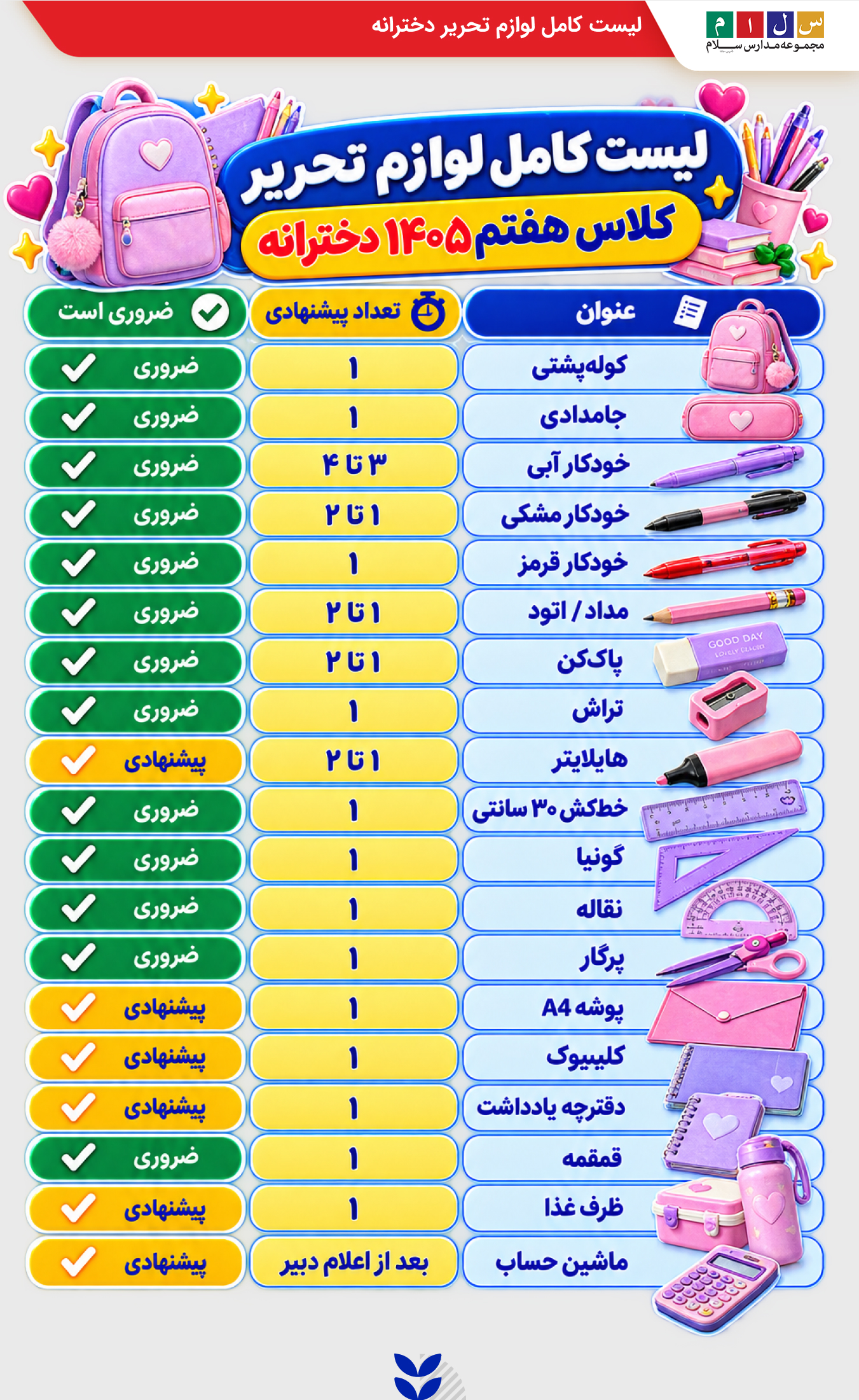 عکس لیست لوازم تحریر کلاس هفتم دخترانه ۱۴۰۵